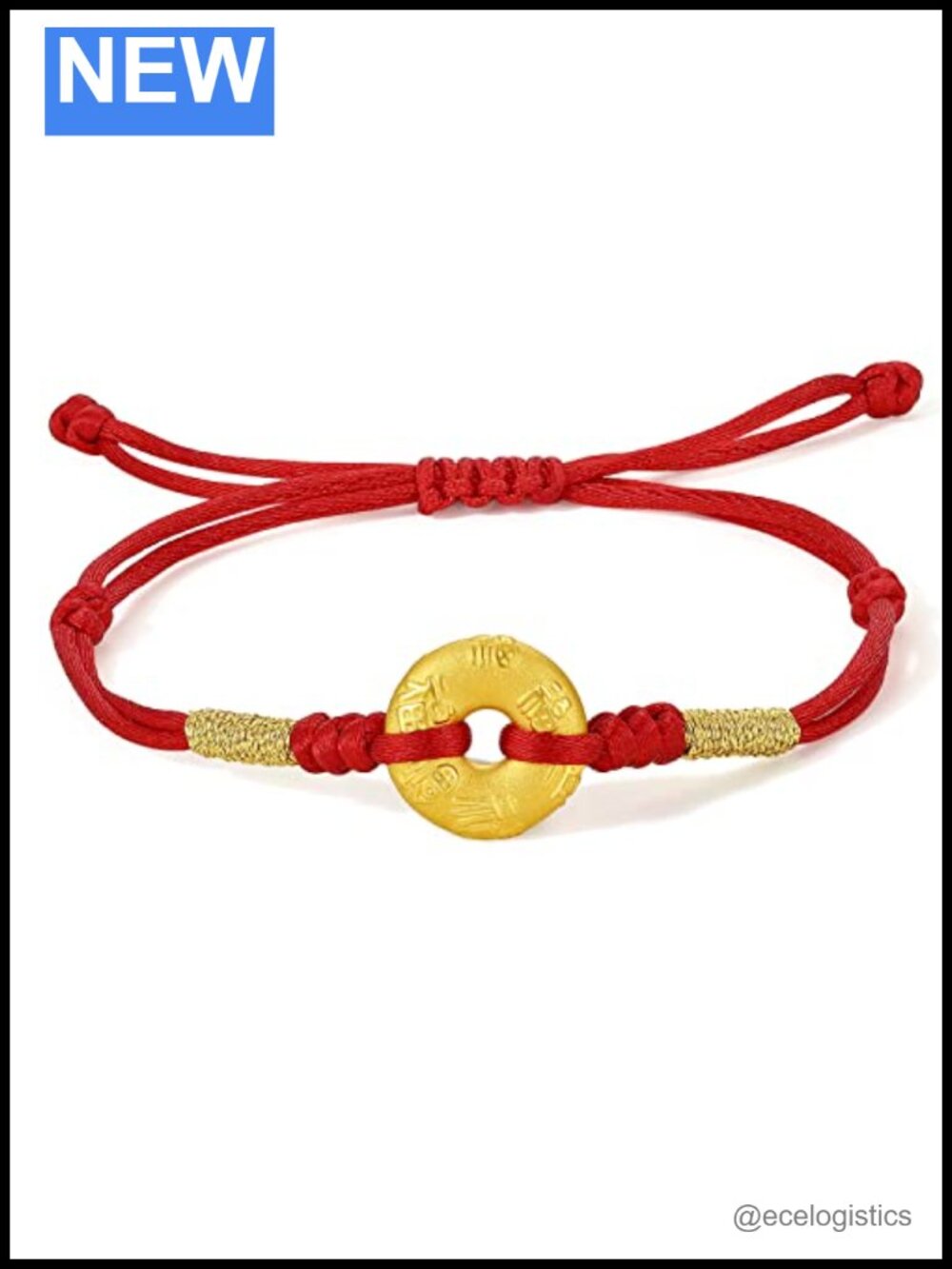 24K Solid Gold Fortune Coin Red Cord Bracelet Adjustable Luck